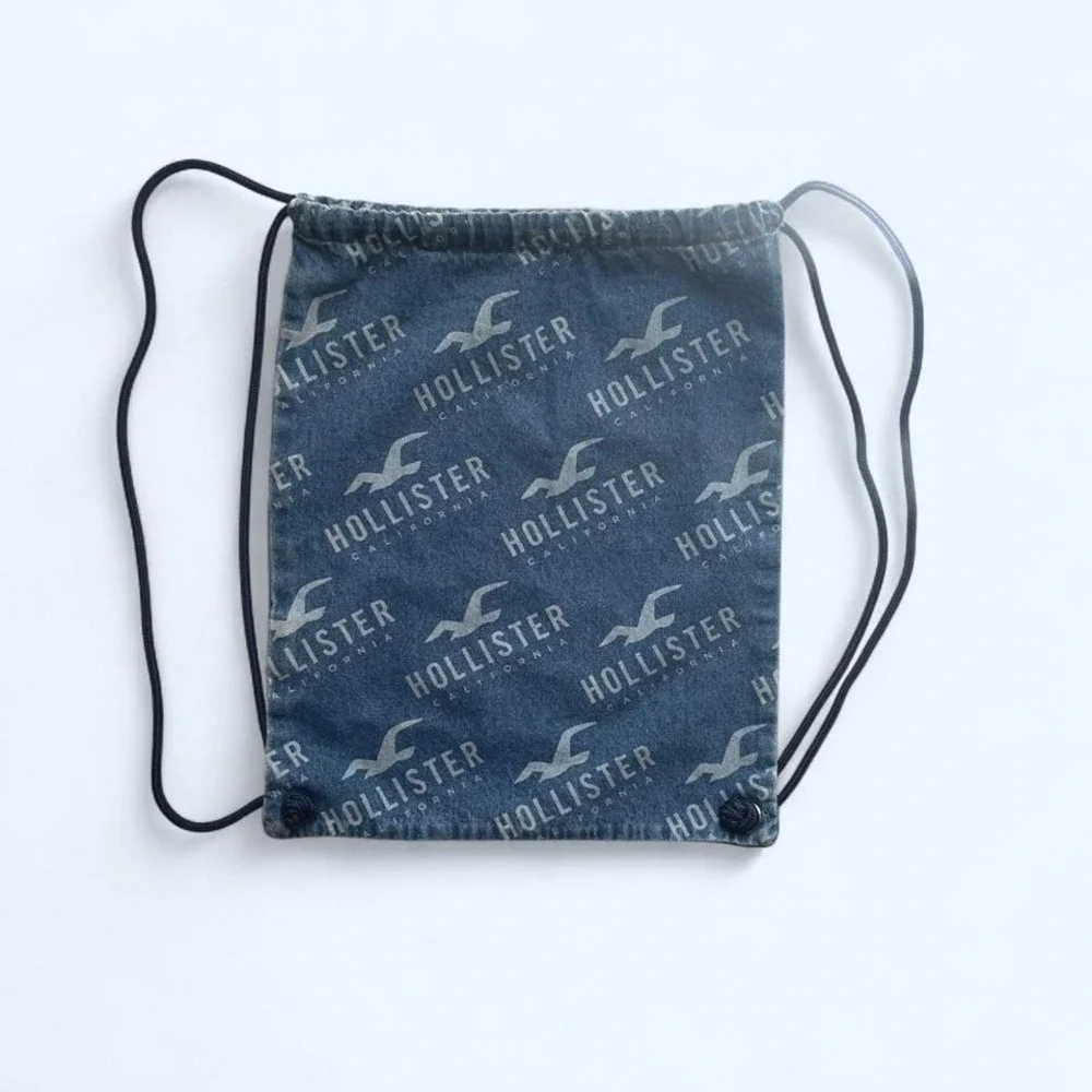 Hollister blue denim‎ drawstring logo bag